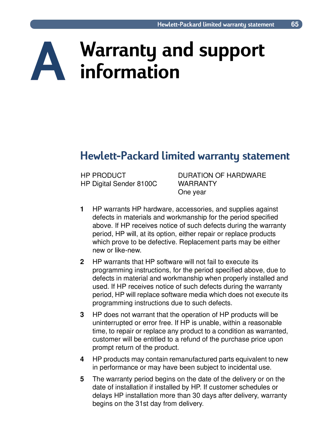 HP 8100C manual Warranty and support information, Hewlett-Packard limited warranty statement 
