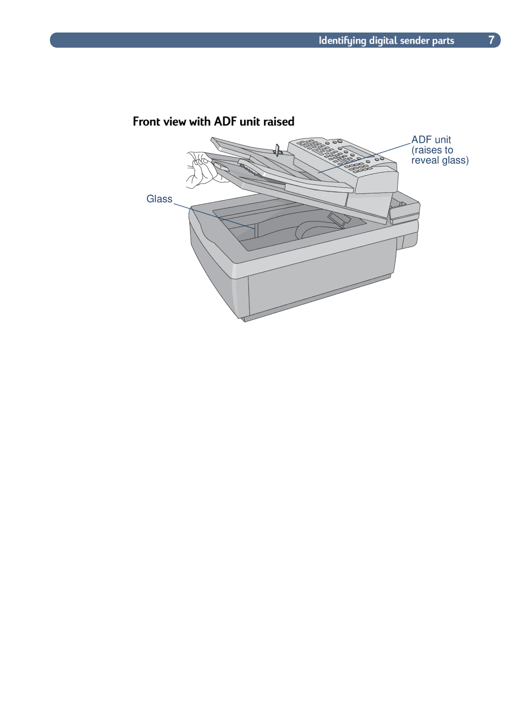 HP 8100C manual Front view with ADF unit raised 