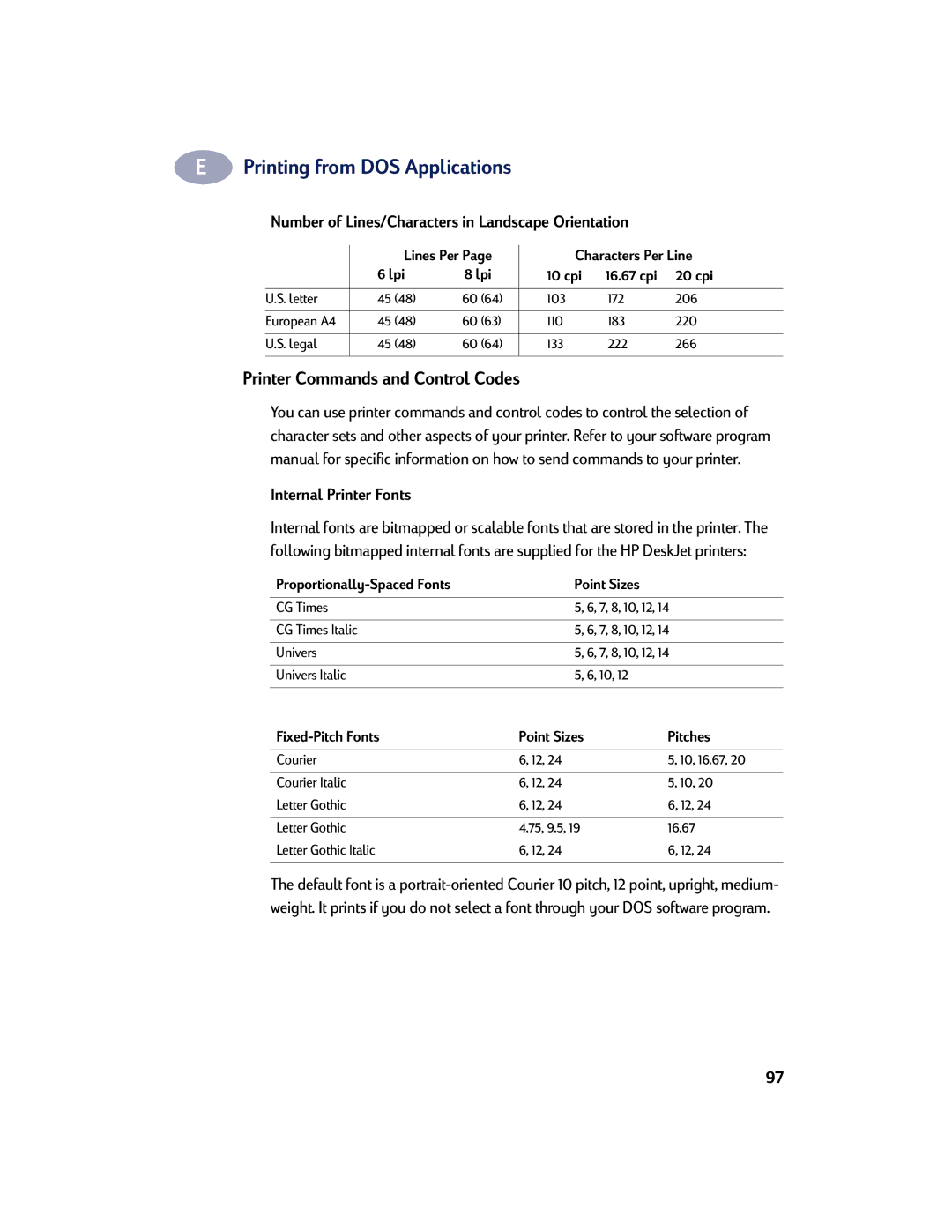 HP 830C Printer Commands and Control Codes, Number of Lines/Characters in Landscape Orientation, Internal Printer Fonts 