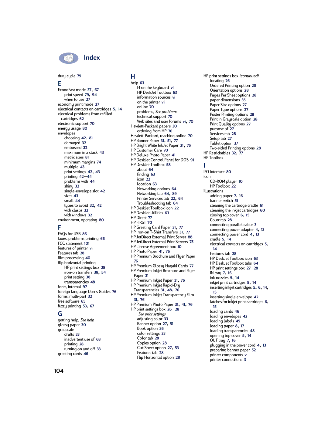 HP 810C, 830C manual Index, 104 