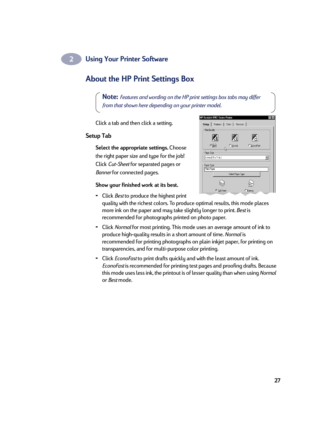 HP 830C, 810C manual About the HP Print Settings Box, Setup Tab, Click a tab and then click a setting 