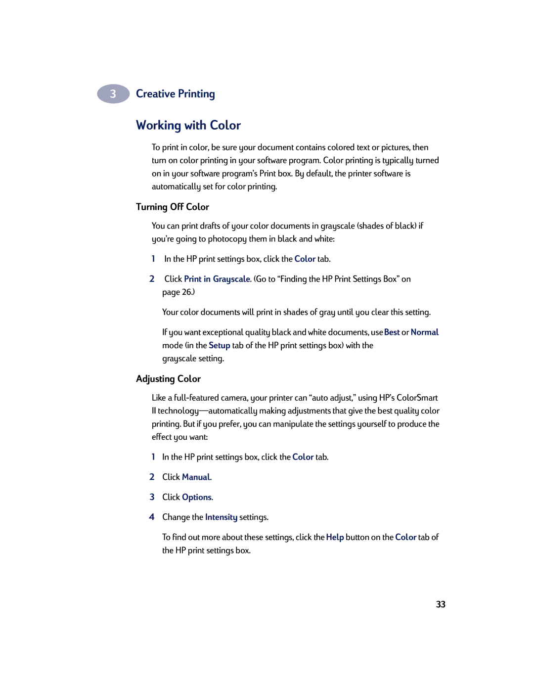 HP 830C, 810C manual Working with Color, Turning Off Color, Adjusting Color, Grayscale setting 