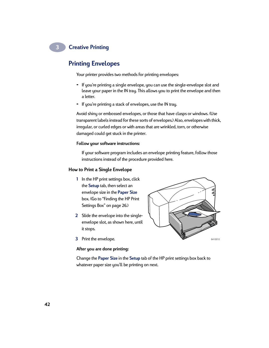 HP 810C, 830C manual Printing Envelopes, How to Print a Single Envelope, Follow your software instructions 