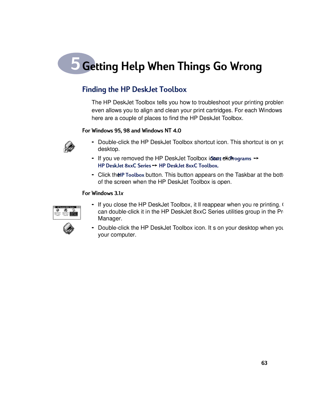 HP 830C, 810C manual Finding the HP DeskJet Toolbox, For Windows 95, 98 and Windows NT 