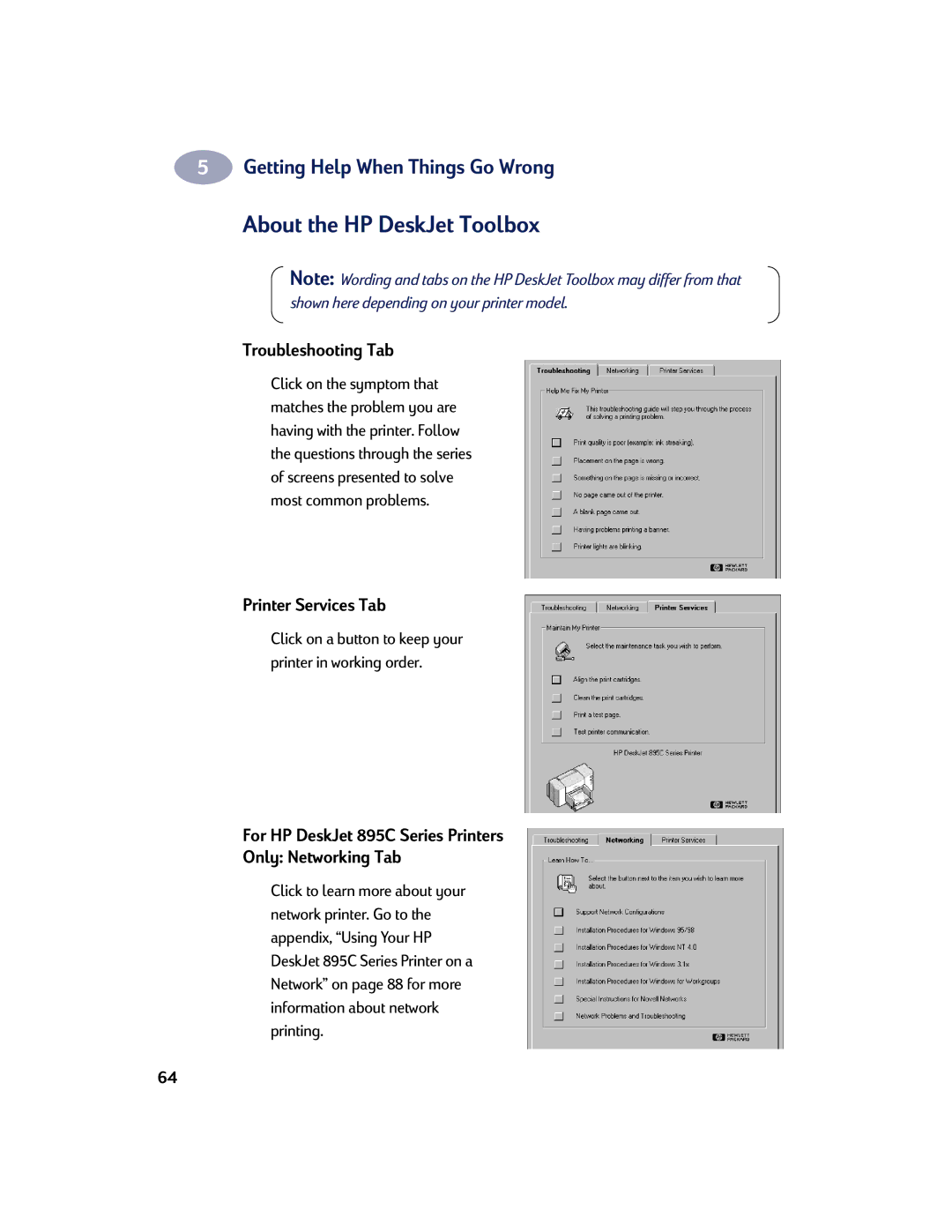 HP 810C, 830C manual About the HP DeskJet Toolbox, Troubleshooting Tab, Printer Services Tab 