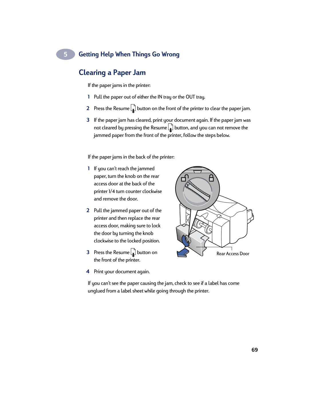 HP 830C, 810C manual Clearing a Paper Jam, If the paper jams in the back of the printer, Pull the jammed paper out 