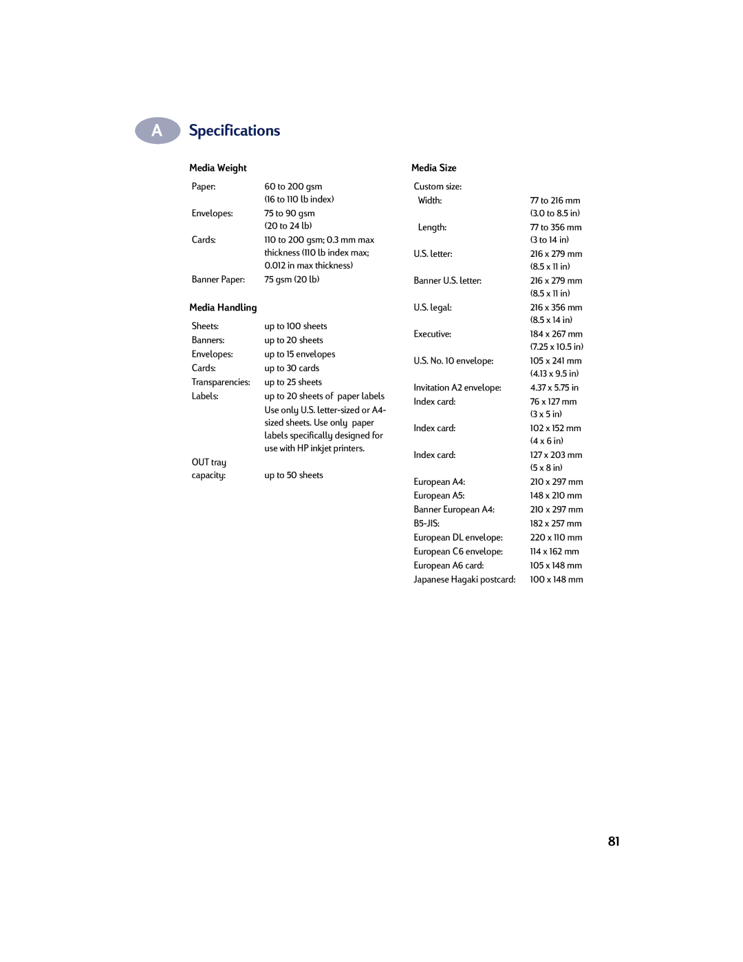 HP 830C, 810C manual Media Weight 