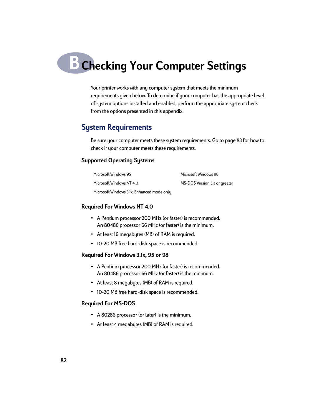 HP 810C, 830C System Requirements, Supported Operating Systems, Required For Windows NT, Required For Windows 3.1x, 95 or 