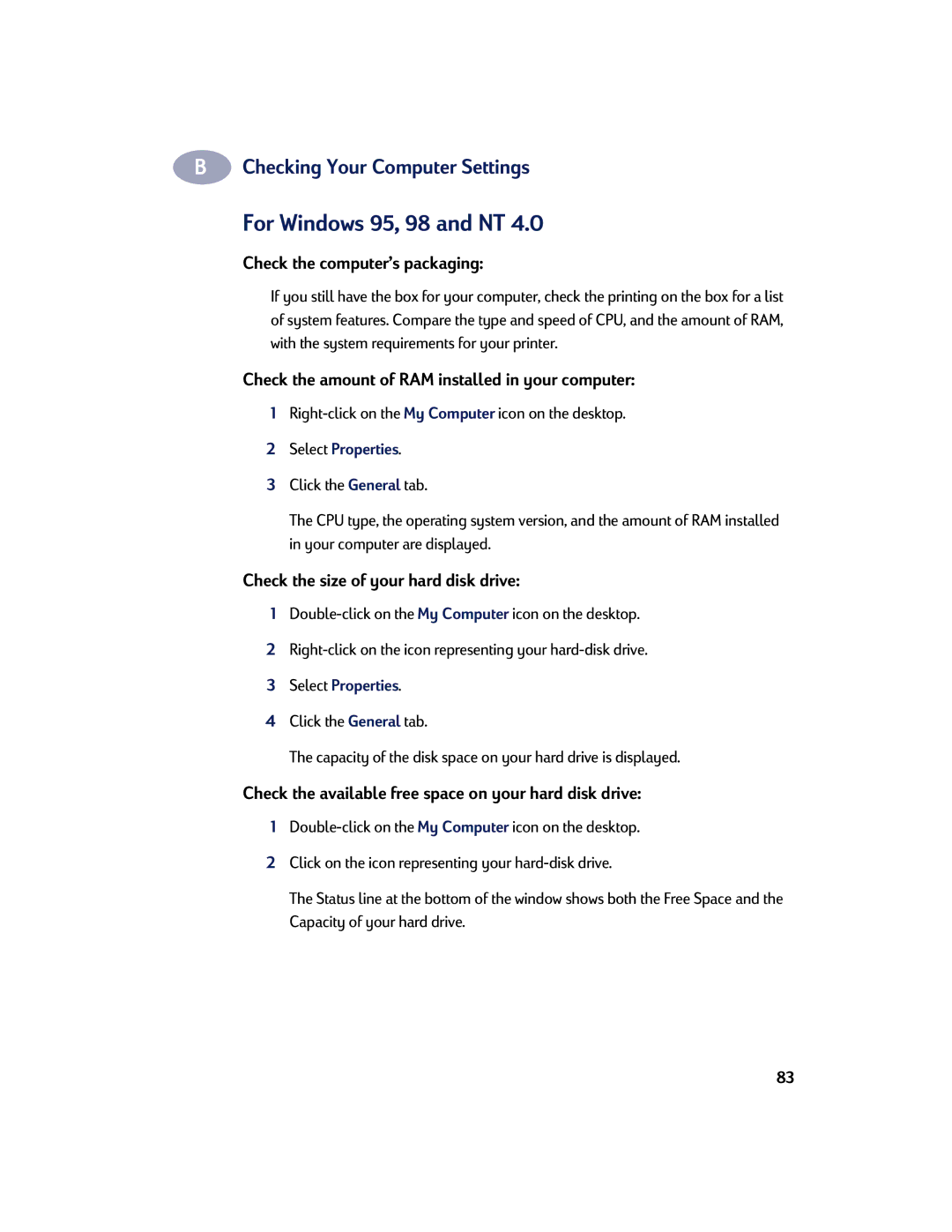 HP 830C For Windows 95, 98 and NT, Check the computerÕs packaging, Check the amount of RAM installed in your computer 