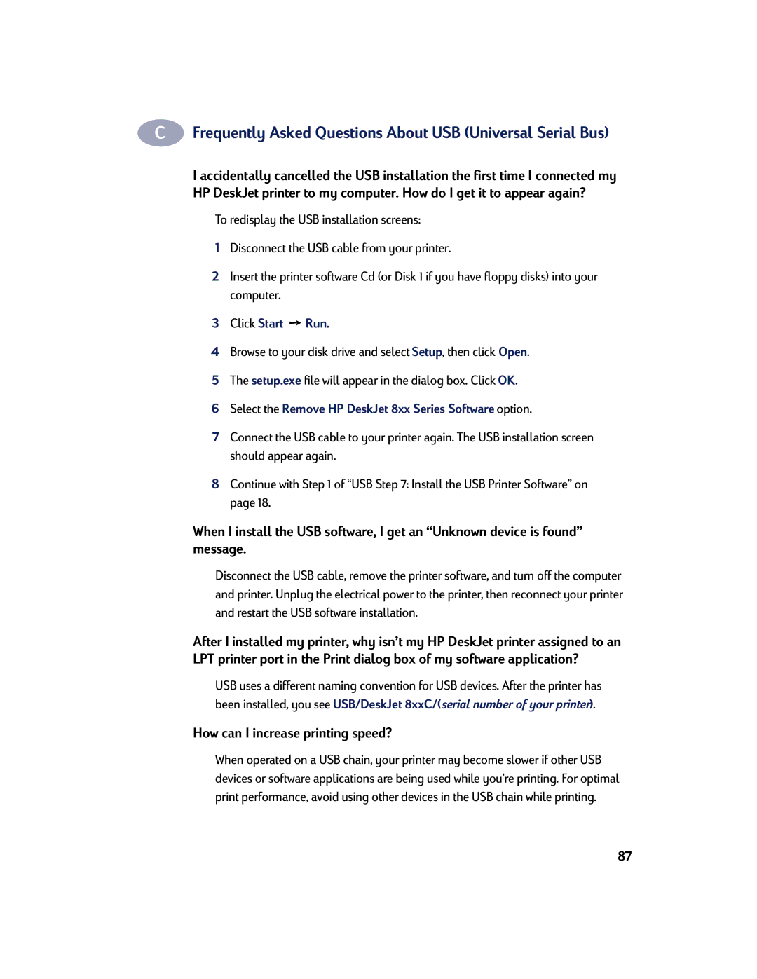 HP 830C, 810C manual Frequently Asked Questions About USB Universal Serial Bus, How can I increase printing speed? 