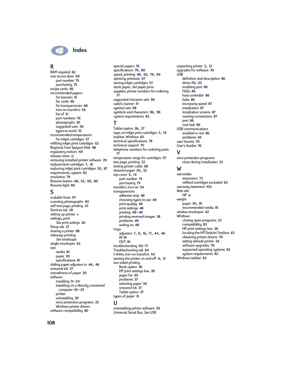 HP 810C, 880C, 830C, 895C manual 108, For transparencies 48 iron-on transfers 54 list 