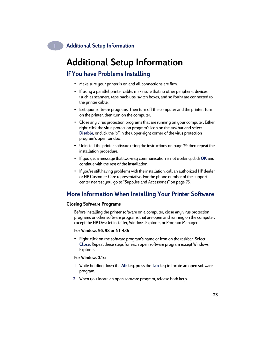 HP 895C Additional Setup Information, If You have Problems Installing, Closing Software Programs, For Windows 95, 98 or NT 