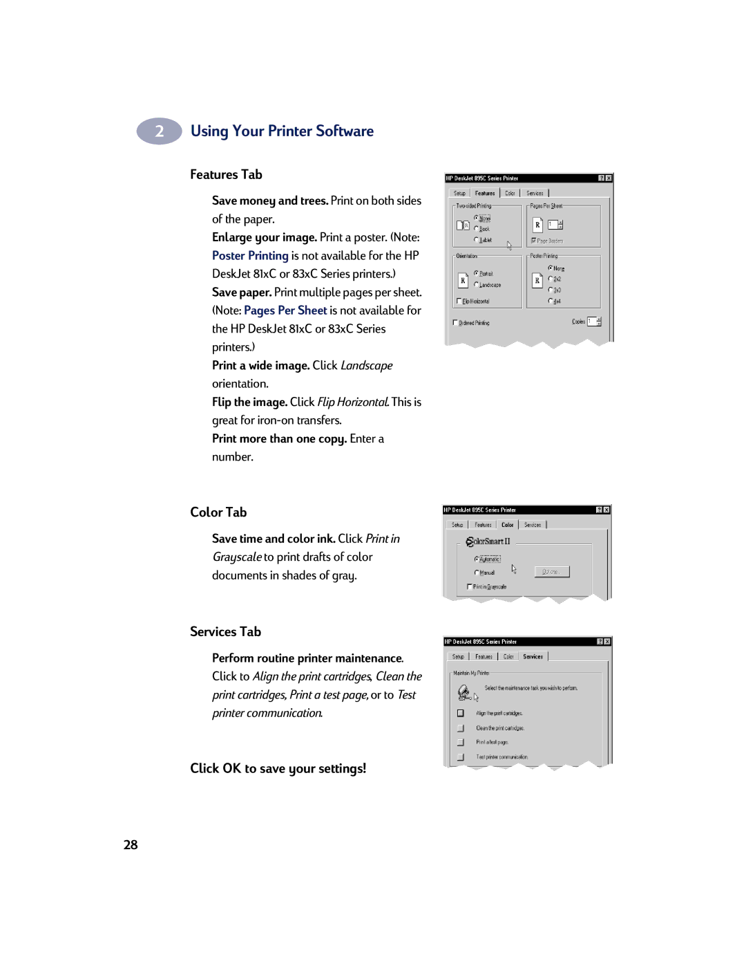 HP 810C, 880C, 830C, 895C manual Features Tab, Color Tab, Services Tab, Click OK to save your settings 