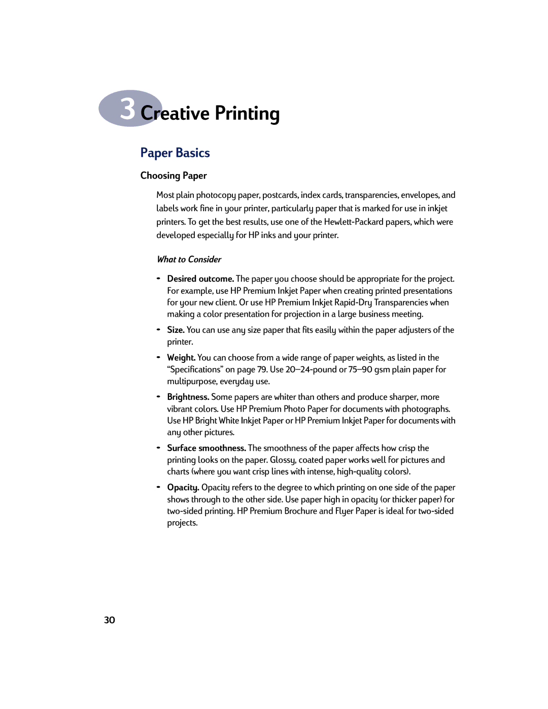 HP 830C, 810C, 880C, 895C manual Creative Printing, Paper Basics, Choosing Paper 