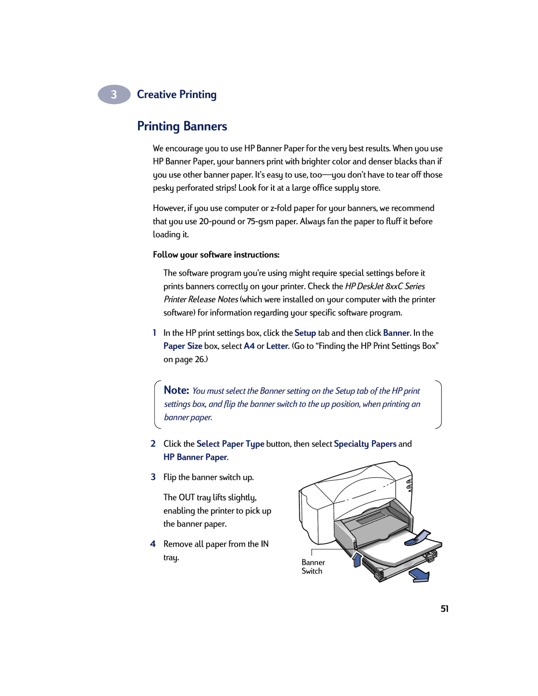 HP 895C, 810C, 880C, 830C manual Printing Banners, Follow your software instructions 