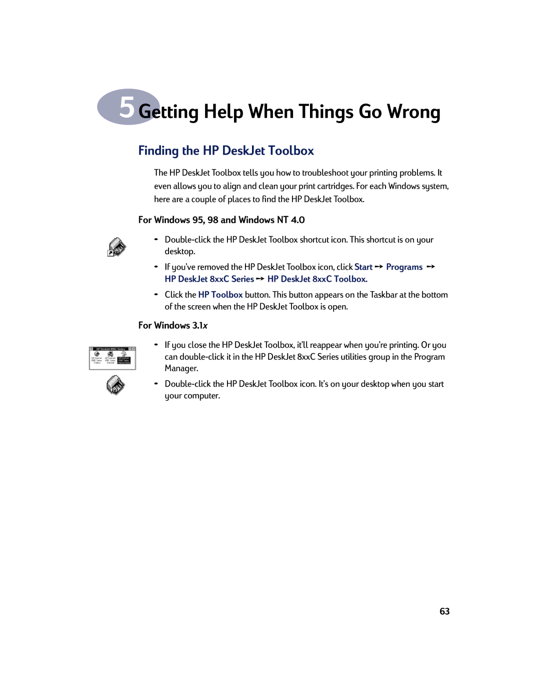 HP 895C, 810C, 880C, 830C manual Finding the HP DeskJet Toolbox, For Windows 95, 98 and Windows NT 