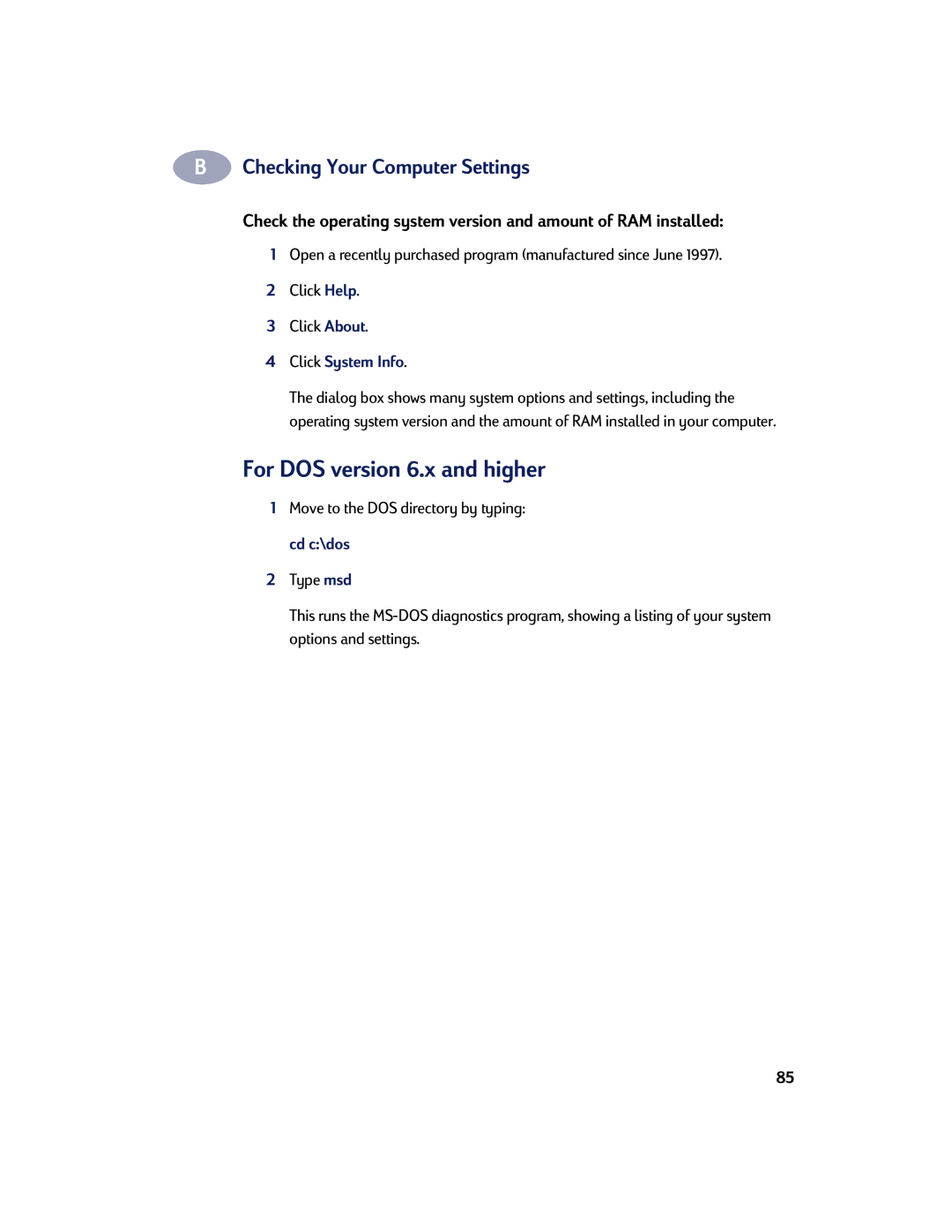 HP 880C, 810C, 830C, 895C manual For DOS version 6.x and higher, Click System Info 