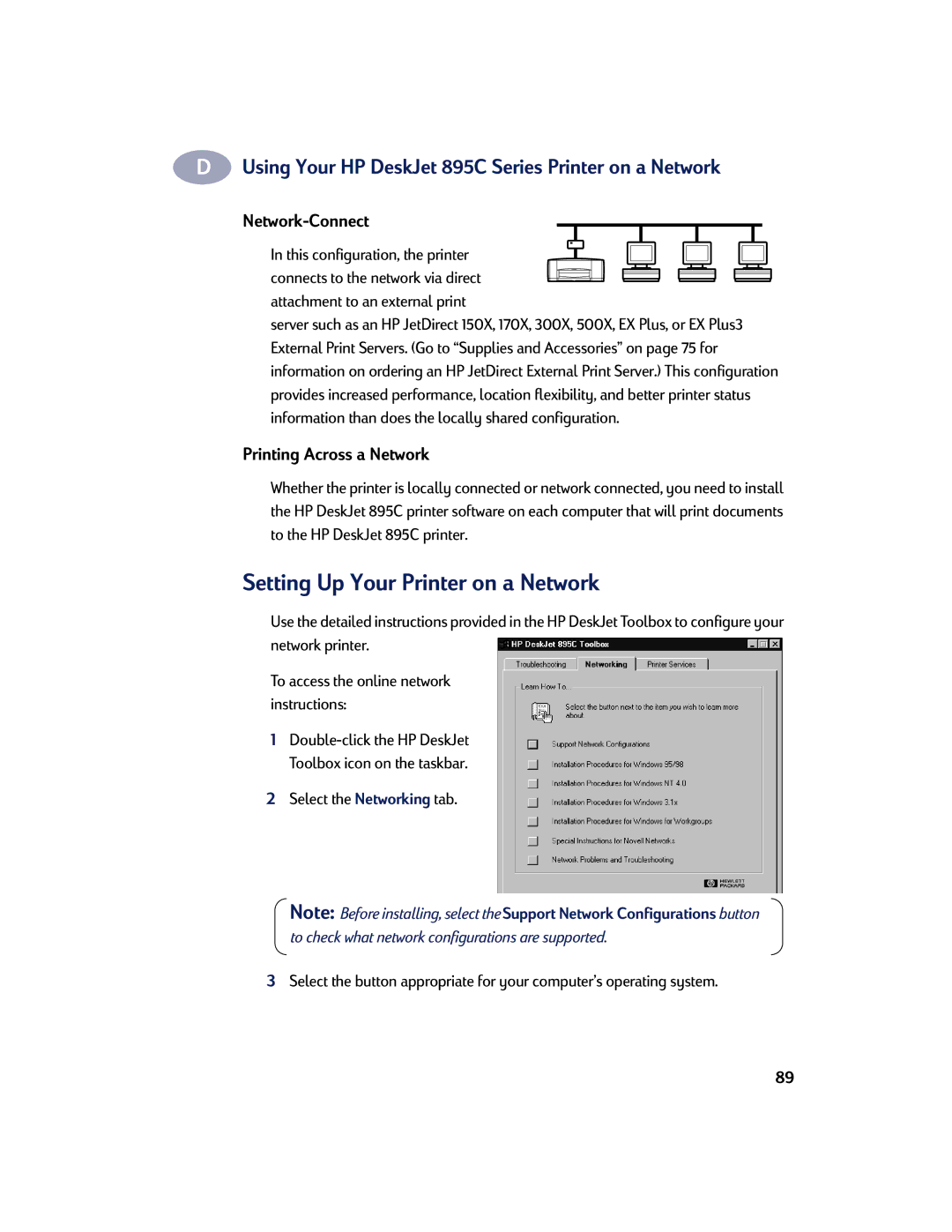 HP 880C, 810C, 830C, 895C manual Setting Up Your Printer on a Network, Network-Connect, Printing Across a Network 