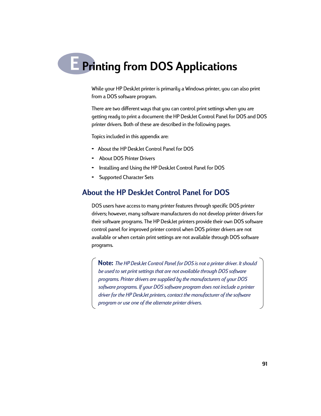 HP 895C, 810C, 880C, 830C manual Printing from DOS Applications, About the HP DeskJet Control Panel for DOS 