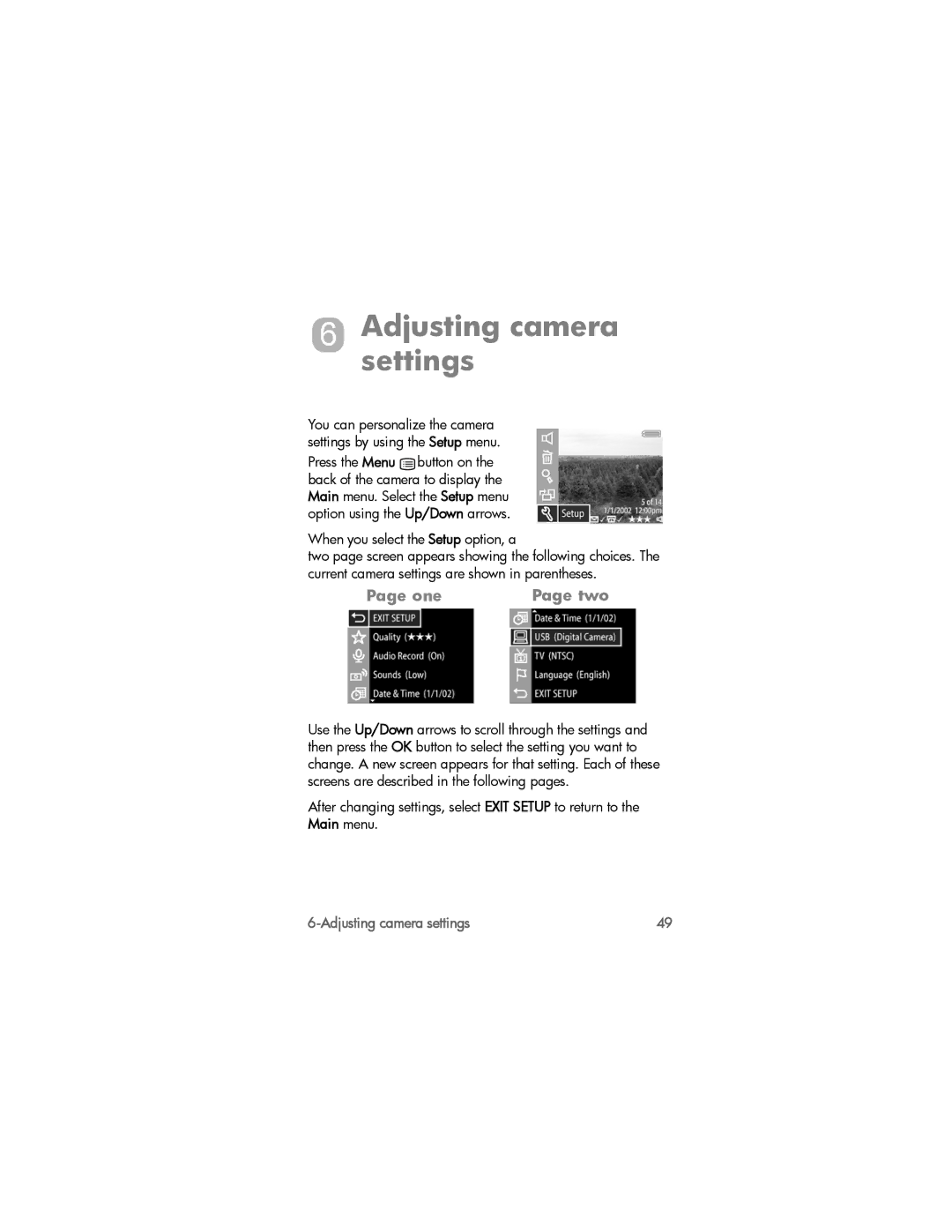 HP 812xi manual Adjustingsettings camera, One Two, When you select the Setup option, a 