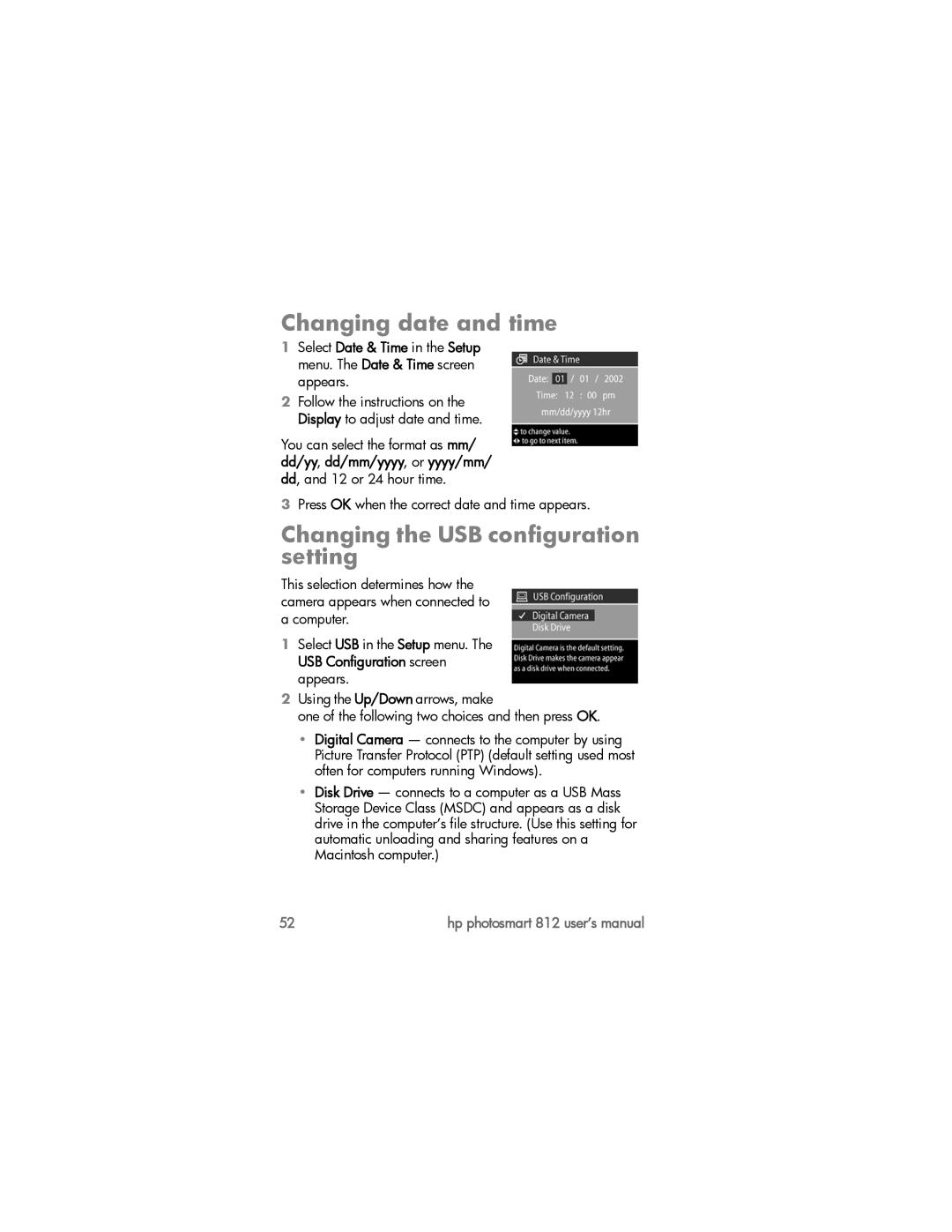 HP 812xi manual Changing date and time, Changing the USB configuration setting 