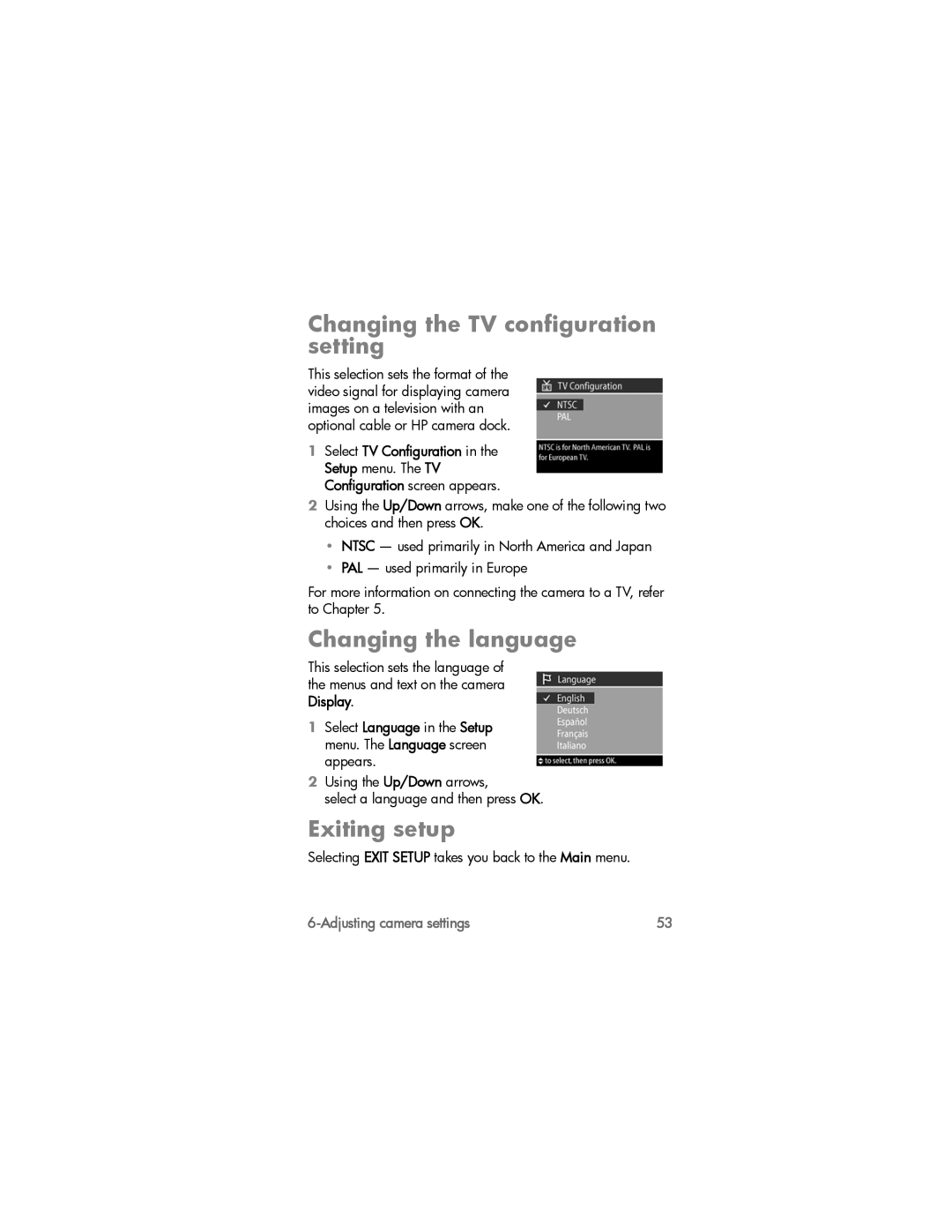 HP 812xi manual Changing the TV configuration setting, Changing the language, Exiting setup 