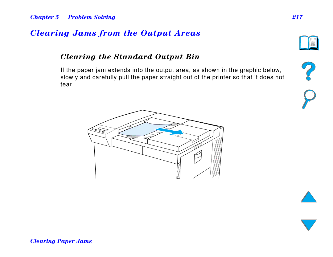 HP 8150 MFP, 8150 N, 8150 DN Clearing Jams from the Output Areas, Clearing the Standard Output Bin, Problem Solving 217 