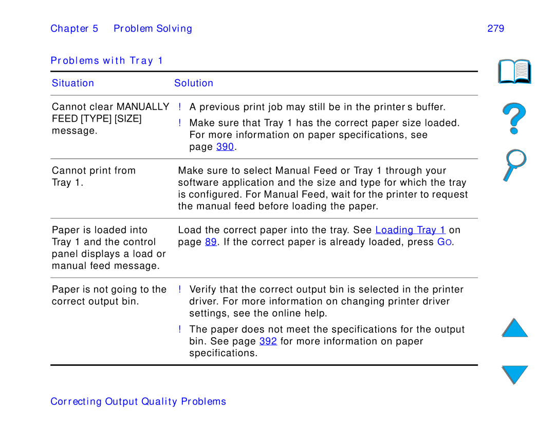 HP 8150 N, 8150 MFP, 8150 DN manual Problem Solving 279 Problems with Tray, Feed Type Size 