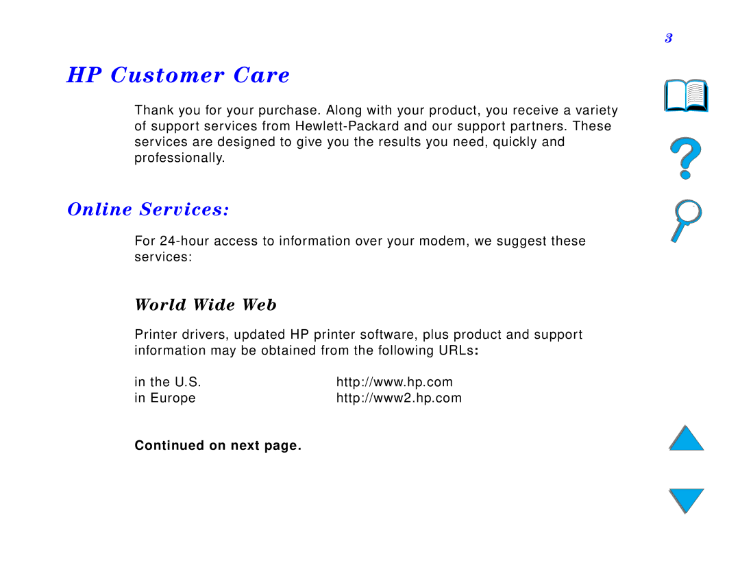 HP 8150 N, 8150 MFP, 8150 DN manual HP Customer Care, Online Services, World Wide Web, On next 