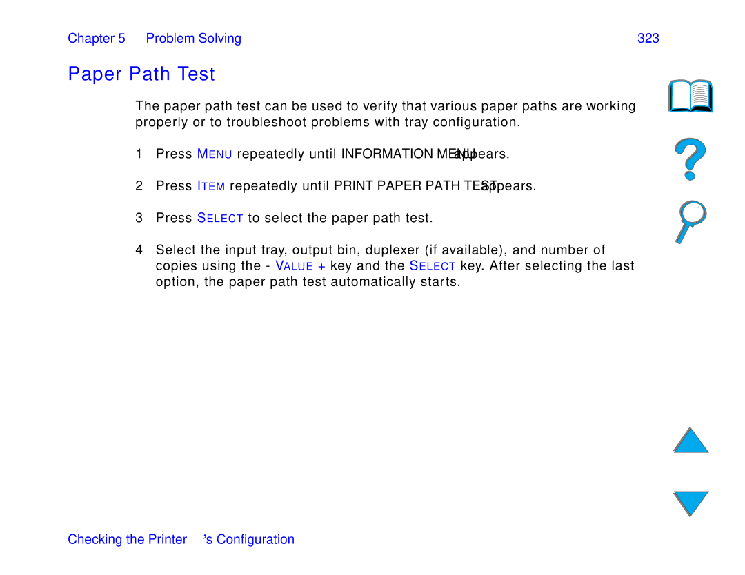 HP 8150 N, 8150 MFP, 8150 DN manual Paper Path Test, Problem Solving 323 