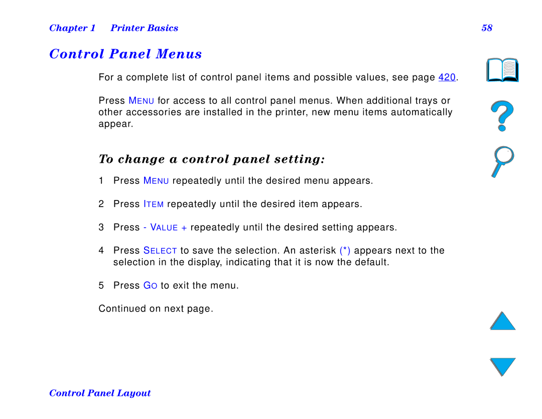 HP 8150 DN, 8150 N, 8150 MFP manual Control Panel Menus, To change a control panel setting 