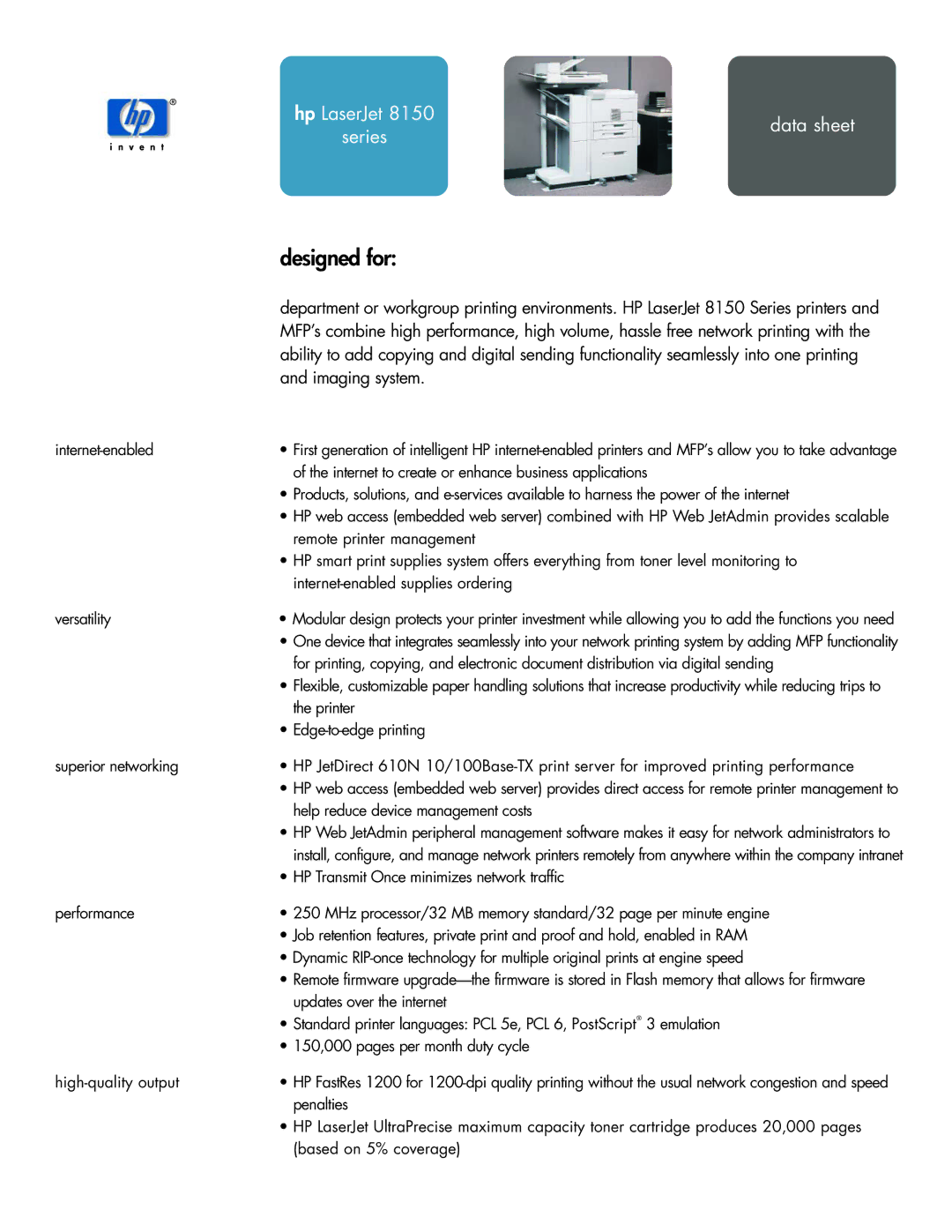 HP 8150 manual Internet-enabled, Internet to create or enhance business applications, Remote printer management, Printer 