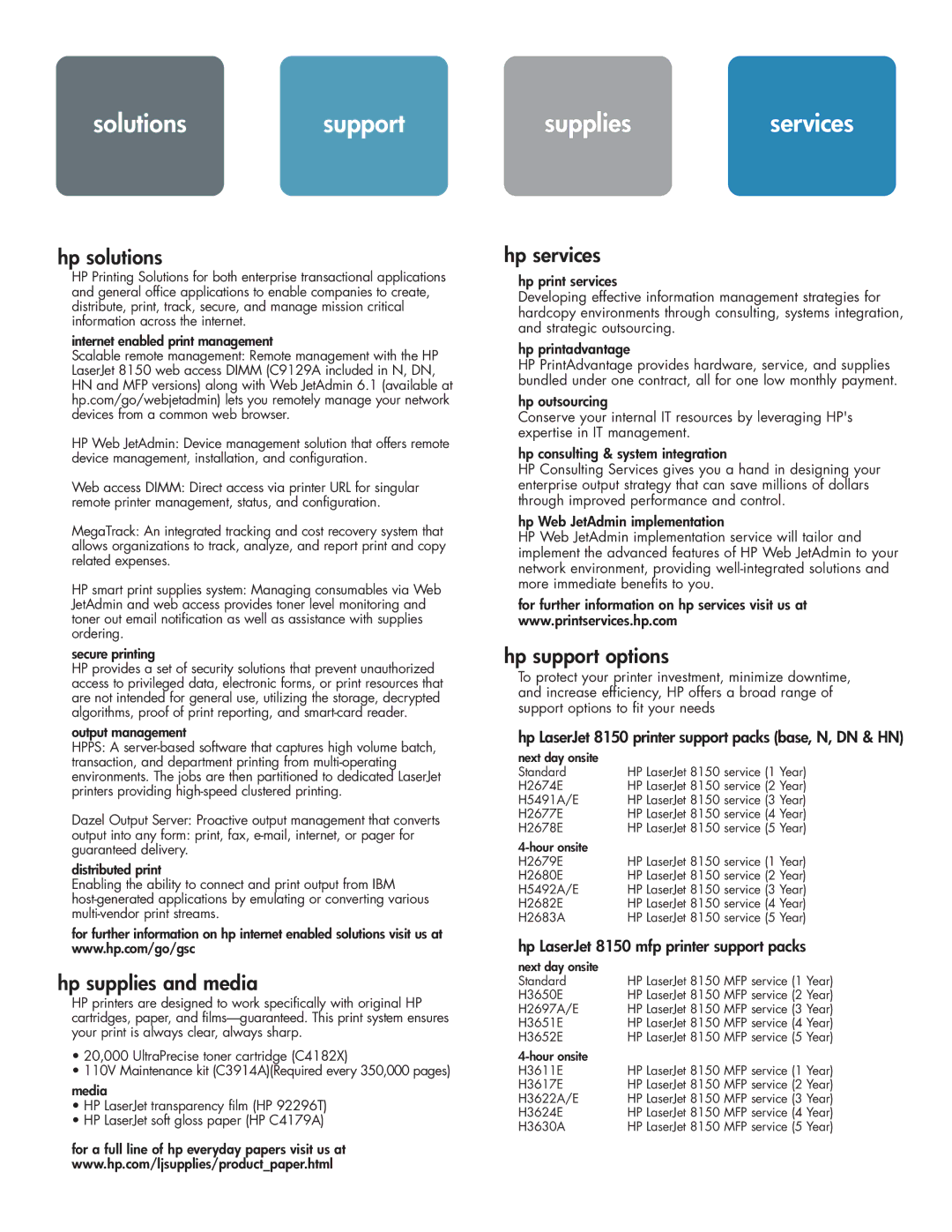 HP 8150 manual Solutionssupport, Suppliesservices 