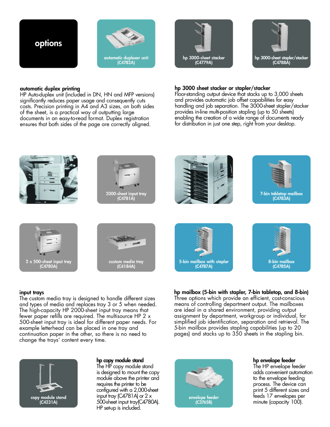 HP 8150 manual Options, Automatic duplex printing, Hp copy module stand The HP copy module stand 