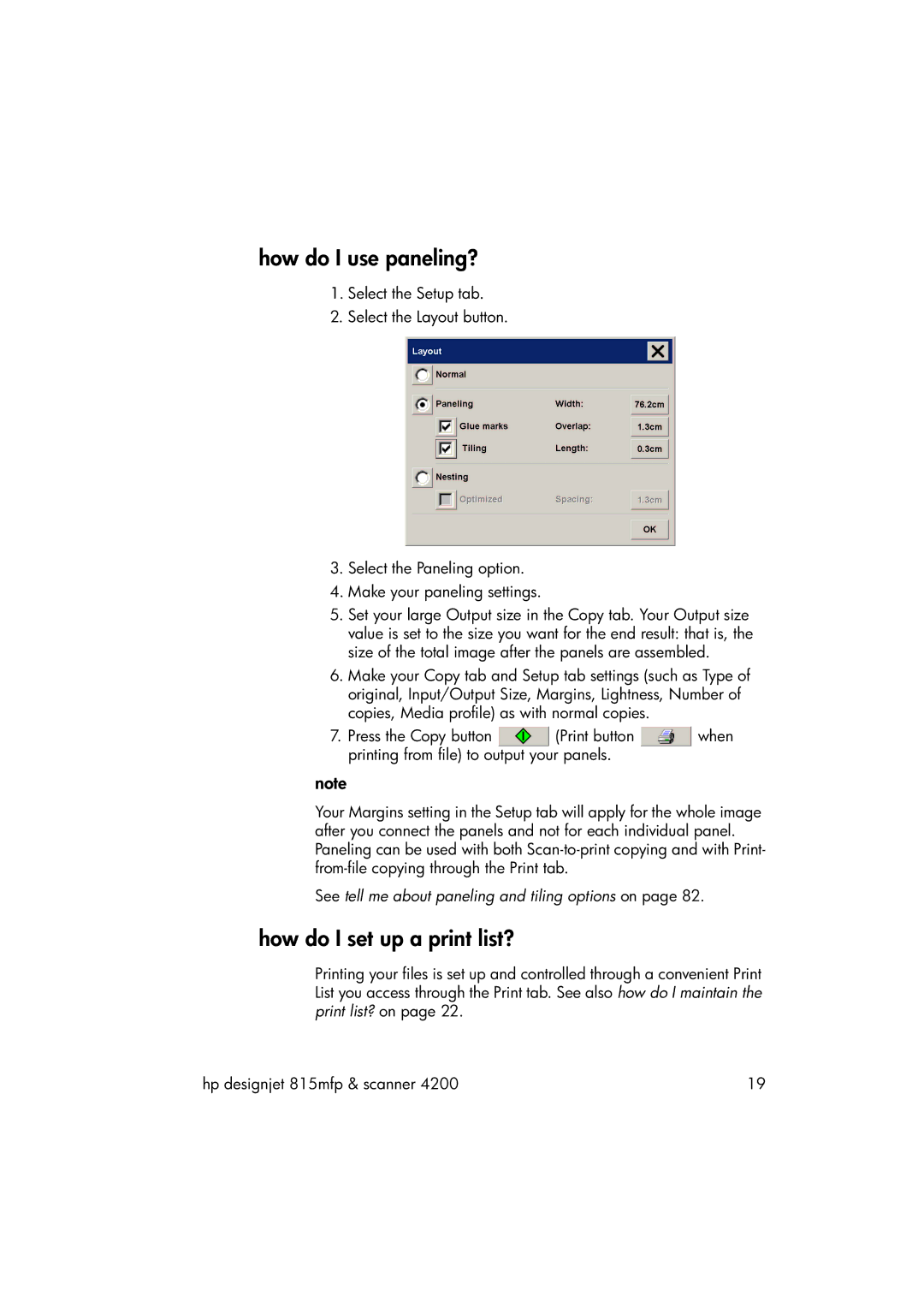 HP 815MFP manual How do I use paneling?, How do I set up a print list? 