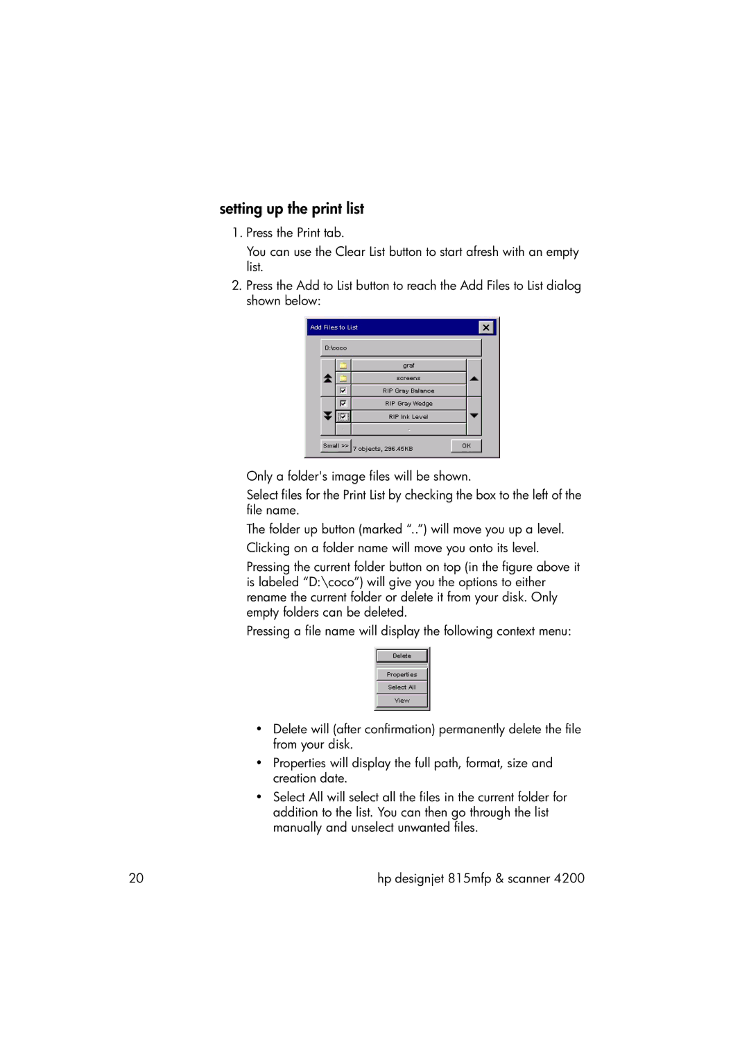 HP 815MFP manual Setting up the print list 