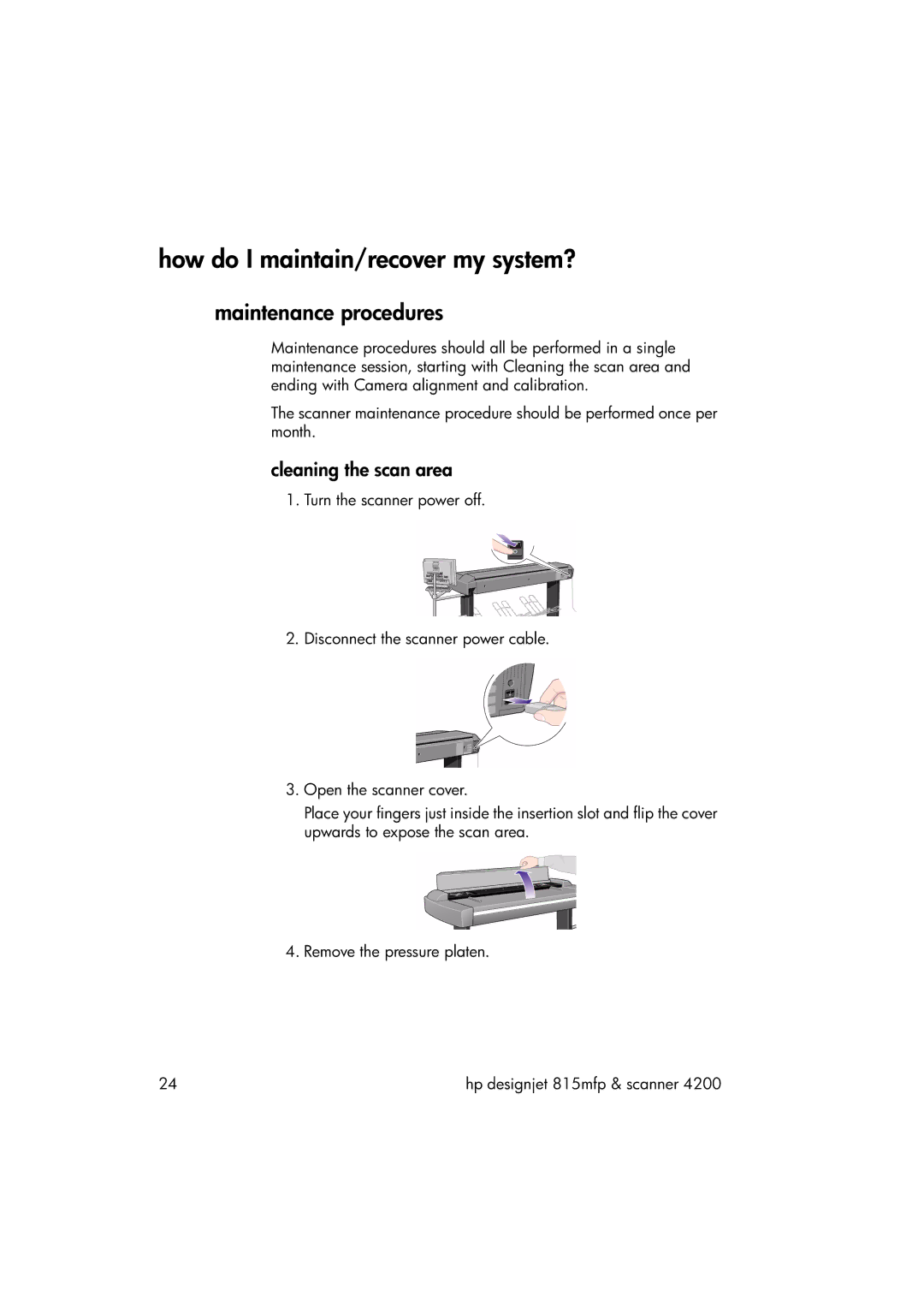 HP 815MFP manual How do I maintain/recover my system?, Maintenance procedures, Cleaning the scan area 