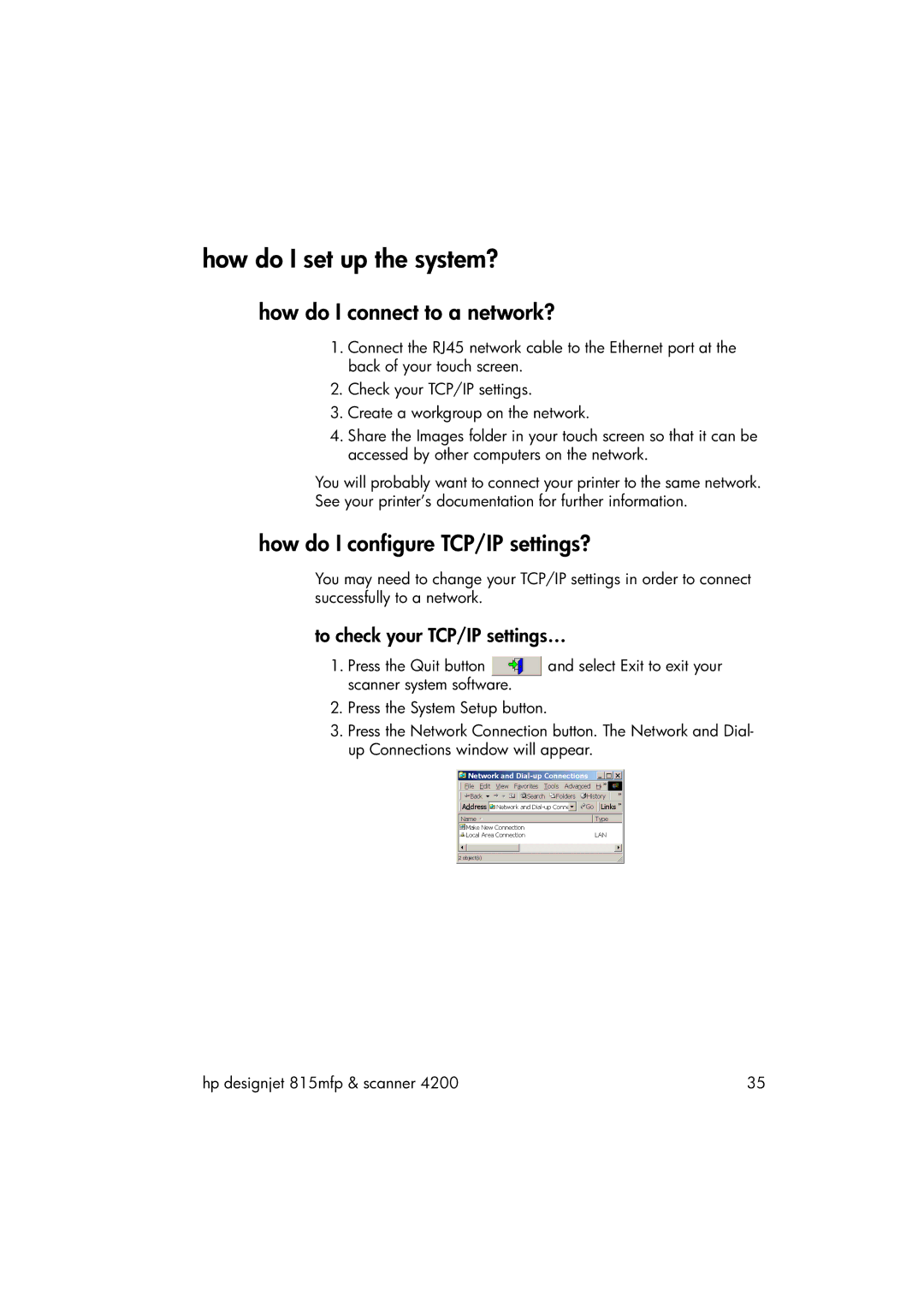 HP 815MFP manual How do I set up the system?, How do I connect to a network?, How do I configure TCP/IP settings? 