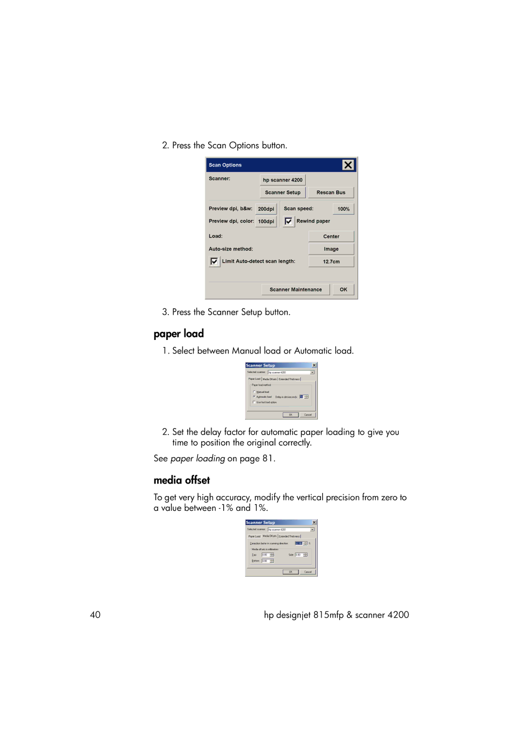 HP 815MFP manual Paper load, Media offset 