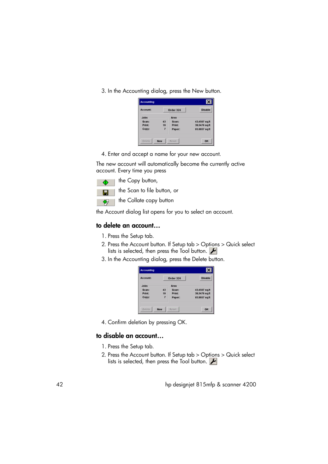 HP 815MFP manual To delete an account…, To disable an account… 