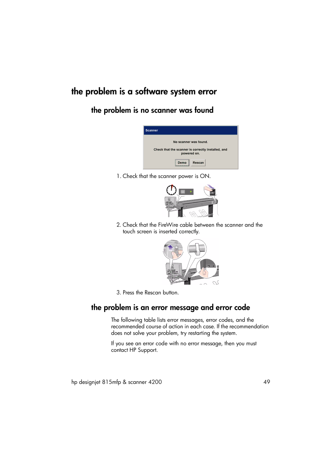 HP 815MFP Problem is a software system error, Problem is no scanner was found, Problem is an error message and error code 