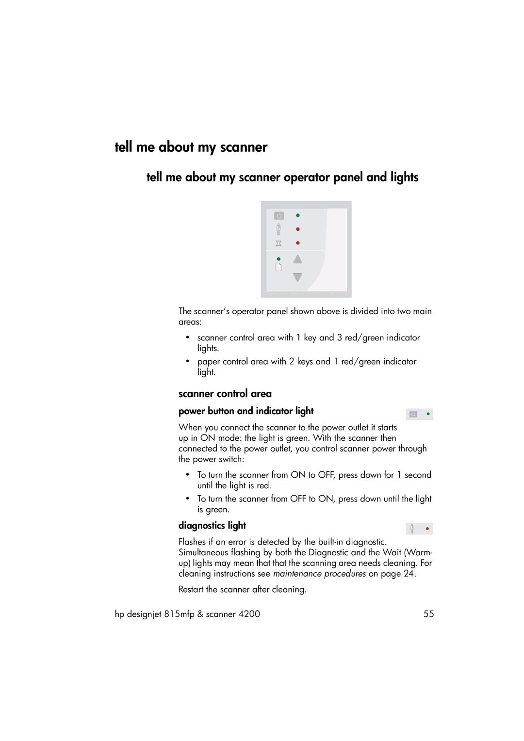 HP 815MFP Tell me about my scanner operator panel and lights, Scanner control area, Power button and indicator light 