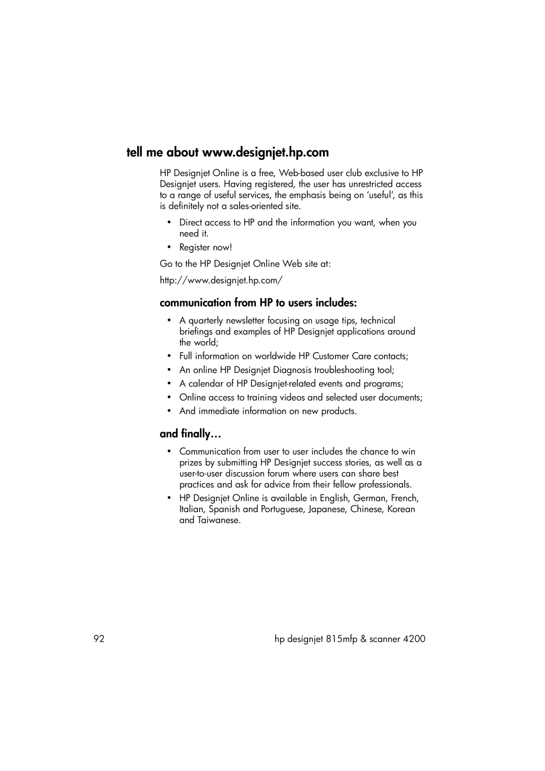 HP 815MFP manual Communication from HP to users includes, Finally… 