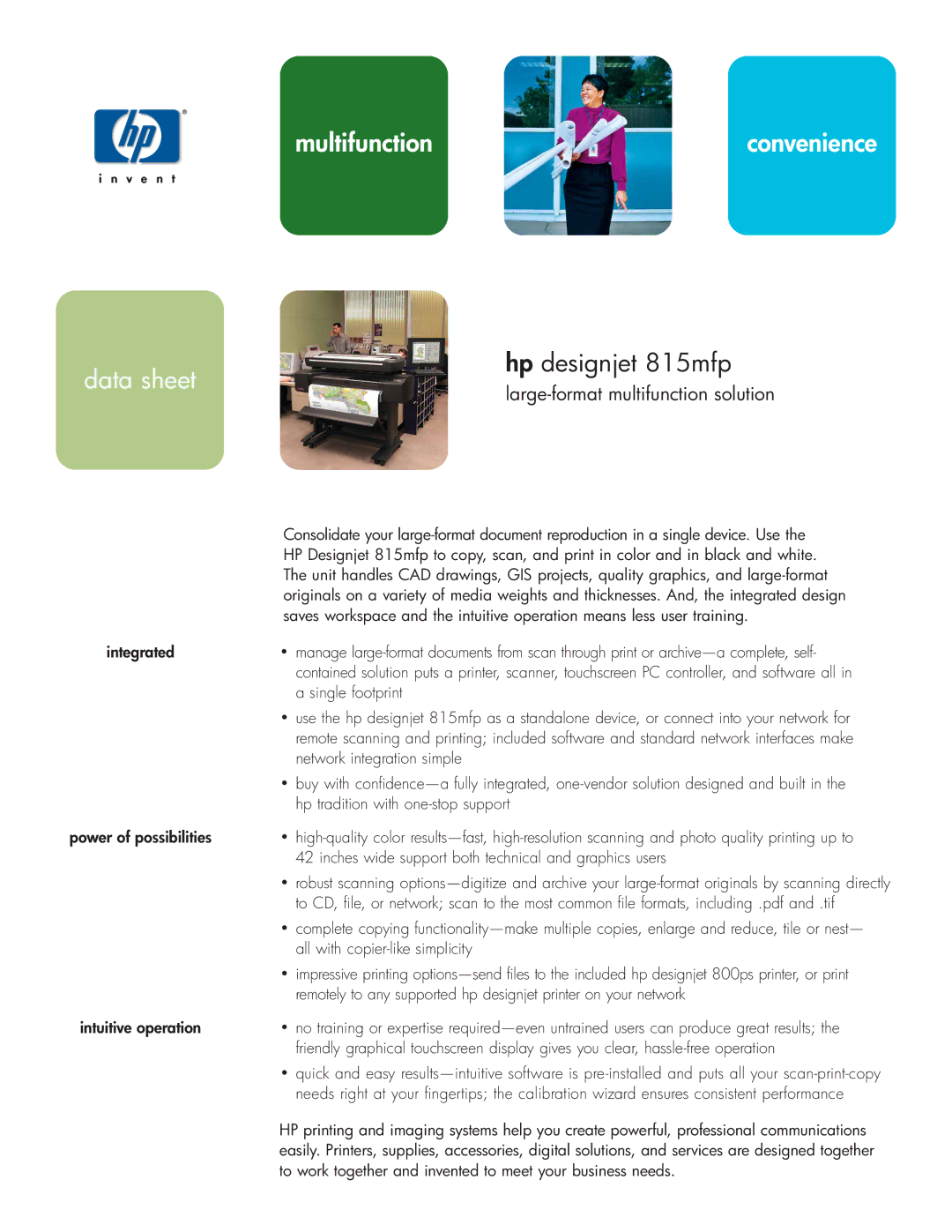 HP 815MFP manual Data sheet, Large-format multifunction solution 