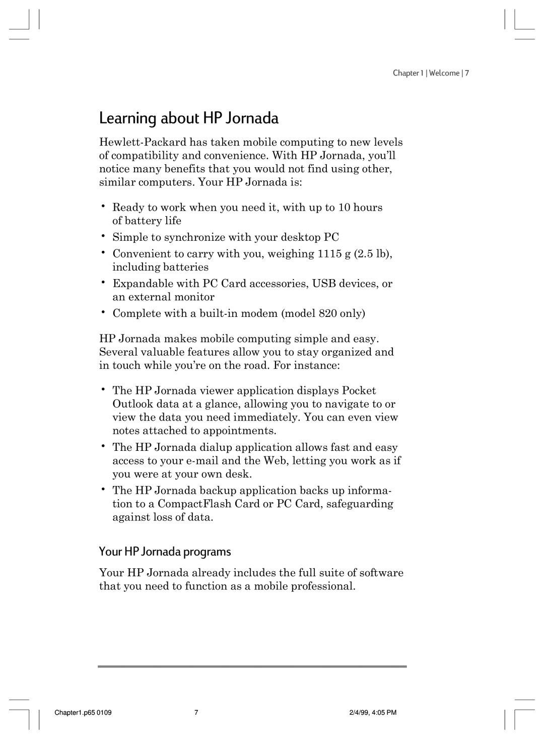 HP 820 E manual Learning about HP Jornada, Your HP Jornada programs 