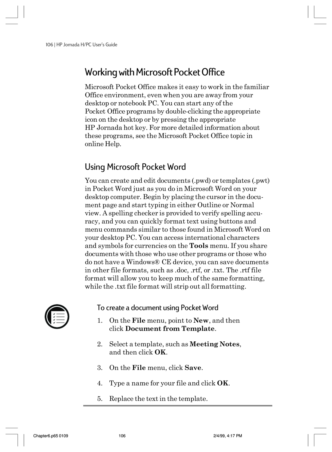 HP 820 E manual Working with Microsoft Pocket Office, Using Microsoft Pocket Word, To create a document using Pocket Word 