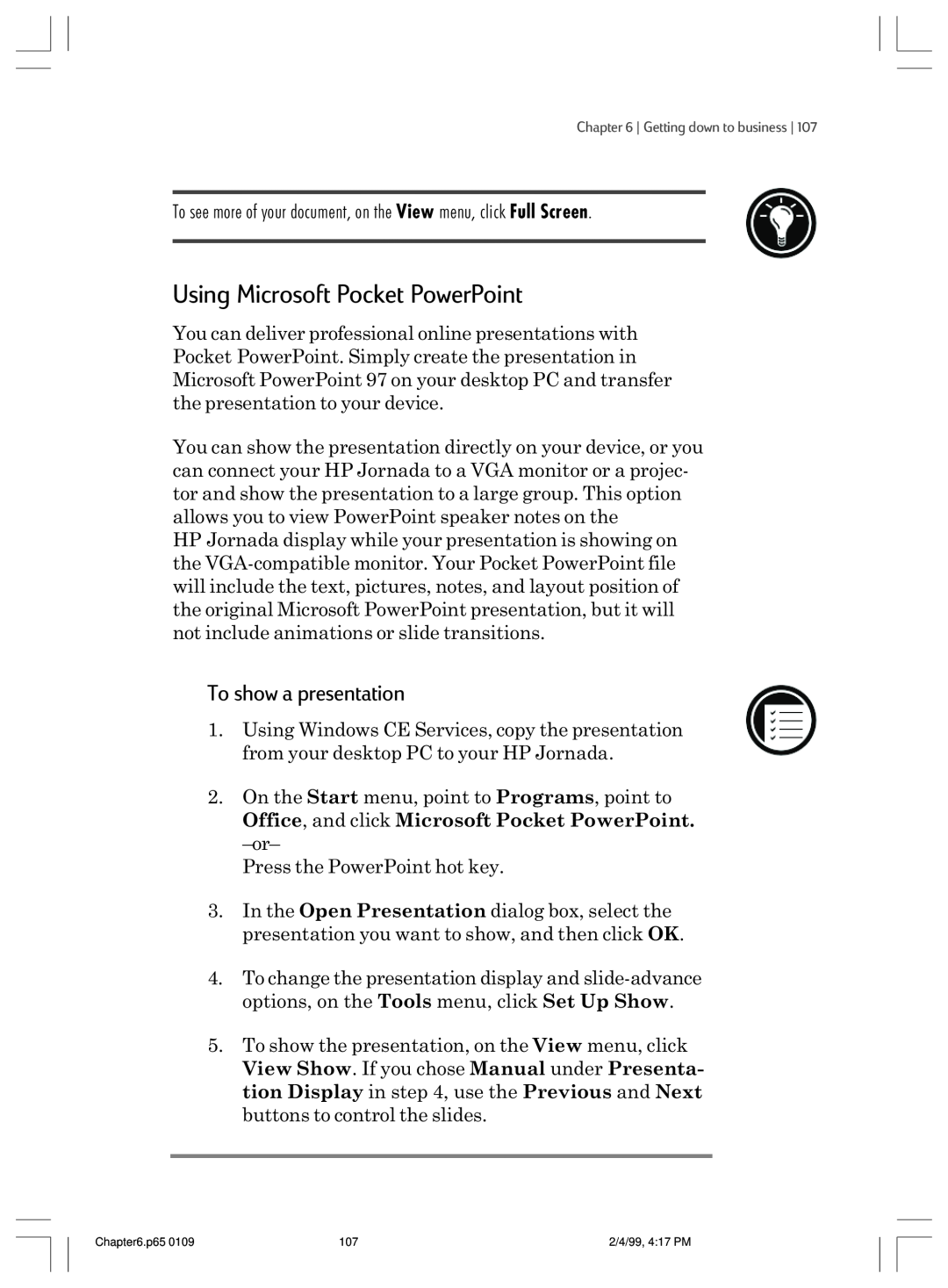 HP 820 E manual Using Microsoft Pocket PowerPoint, To show a presentation 