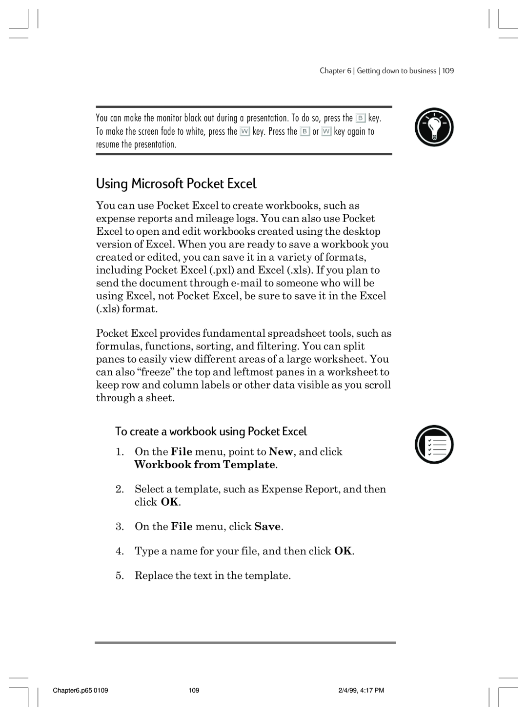 HP 820 E manual Using Microsoft Pocket Excel, To create a workbook using Pocket Excel 