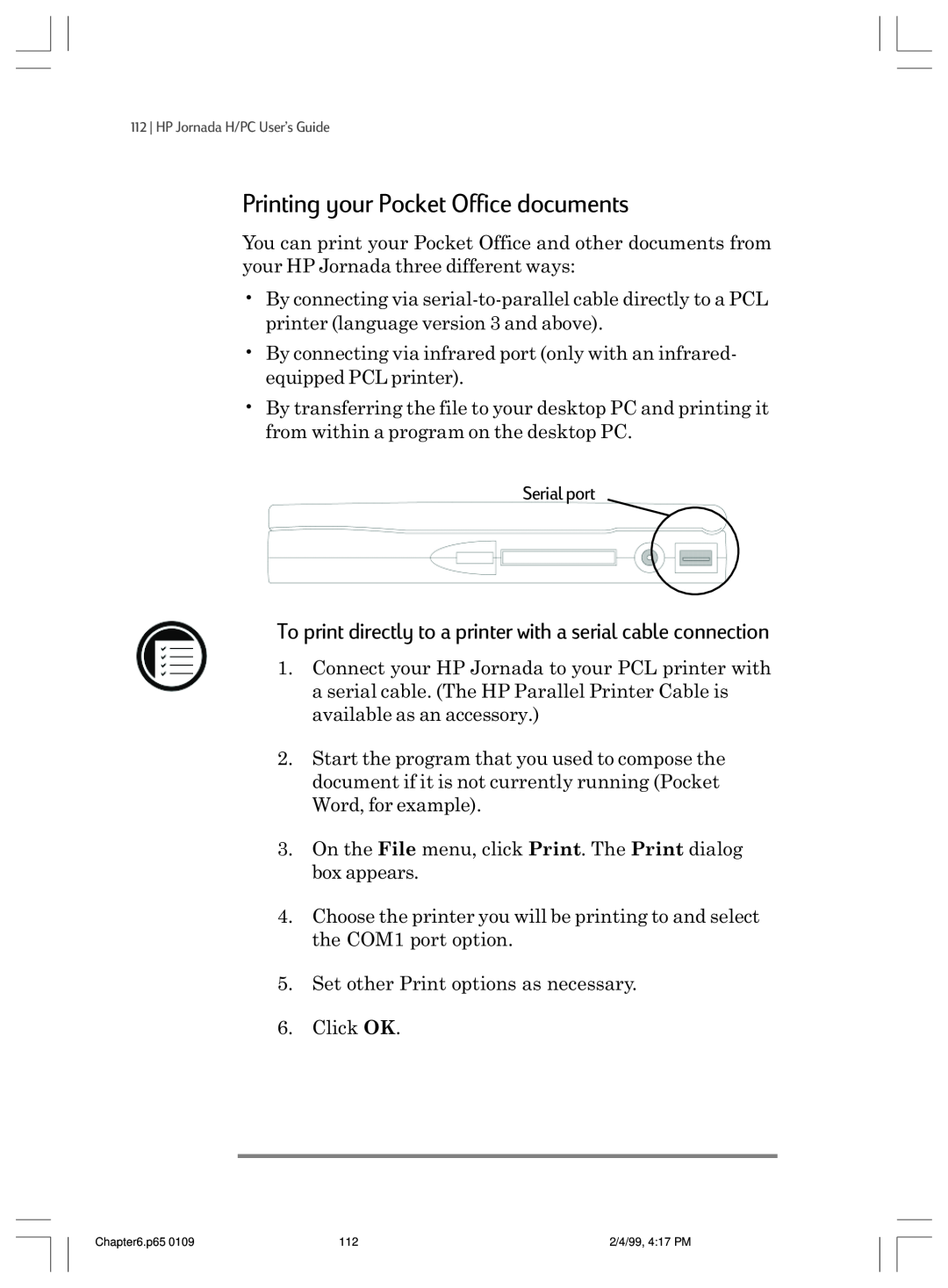 HP 820 E manual Printing your Pocket Office documents, To print directly to a printer with a serial cable connection 