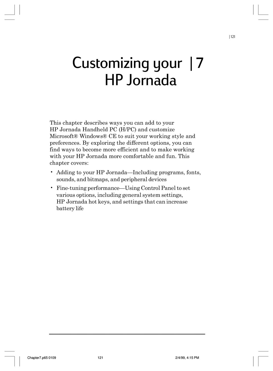 HP 820 E manual Customizing your HP Jornada, p65, 2/4/99, 415 PM 